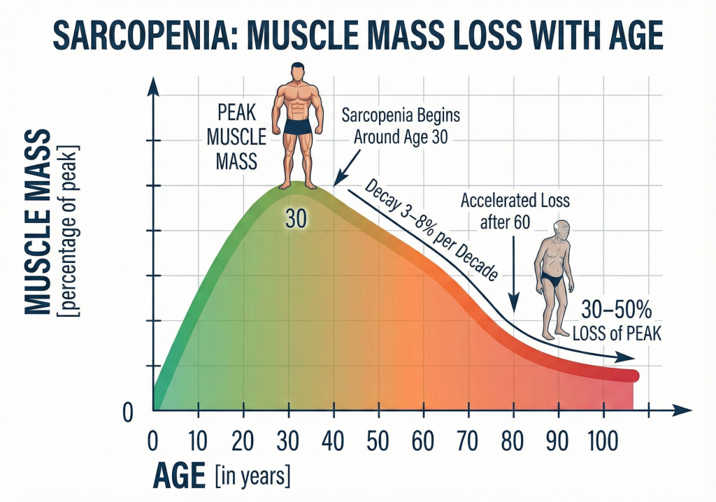 Chart: sarcopenia, muscle mass loss with age, peak around age 30 declining 3 to 8 percent per decade with accelerated loss after 60